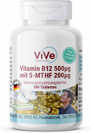 Vive Supplements Vitamin B12 500 µg mit 5-MTHF 200 µg Tabletten vegan ohne Zusatzstoffe 180 Stück – Bild 1 von 1