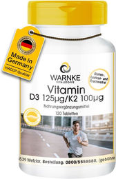 Warnke Vitalstoffe Vitamin D3 125µg und Vitamin K2 100µg Tabletten ohne Zusatzstoffe 120 Stück – Bild 1 von 1