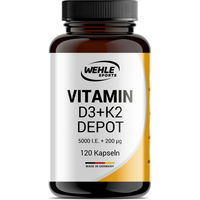 Produktbild von Wehle Sports Vitamin D3 K2 Kapseln mit 5000 IE D3 und 200 µg K2, 120 Kapseln, laktosefrei, glutenfrei und ohne Zusatzstoffe