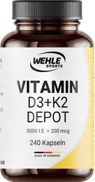 Wehle Sports Vitamin D3 K2 Kapseln mit 5000 IE D3 und 200 µg K2, laktosefrei, glutenfrei und ohne Zusatzstoffe, 240 Kapseln – Bild 1 von 2