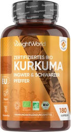 WeightWorld Bio-Kurkuma Kapseln mit schwarzem Pfeffer und Ingwer 180 Stück – Bild 1 von 1
