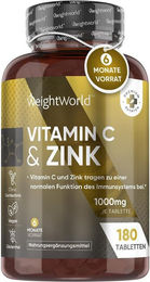 WeightWorld Vitamin C mit Ascorbinsäure und Zink Bisglycinat Tabletten 1000 mg vegan glutenfrei laktosefrei 180 Stück – Bild 1 von 2