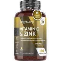 Produktbild von WeightWorld Vitamin C mit Ascorbinsäure und Zink Bisglycinat Tabletten 1000 mg vegan glutenfrei laktosefrei 180 Stück