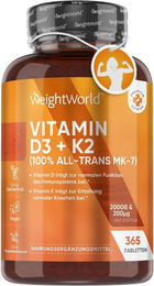 WeightWorld Vitamin D3 K2 2000 IE Tabletten vegan für Männer und Frauen 365 Stück – Bild 1 von 2