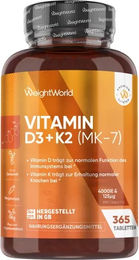WeightWorld Vitamin D3 K2 Tabletten mit 4000 IE Vitamin D3 und 125 µg Vitamin K2 aus Flechten vegan 240 Tabletten – Bild 1 von 1