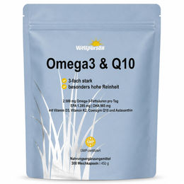 Wellpursan Omega-3 & Q10 Kapseln mit 2500 mg Omega-3, 1285 mg EPA und 965 mg DHA, 300 Stück – Bild 1 von 2