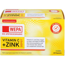 WEPA Vitamin C und Zink Kapseln mit Ascorbinsäure, 60 Stück, vegan, zuckerfrei, laktosefrei und glutenfrei – Bild 1 von 1