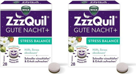WICK ZzzQuil Gute Nacht+ Stress Balance Tabletten mit Ashwagandha, Melatonin, Magnesium und Vitamin B6 vegan laktosefrei glutenfrei – Bild 1 von 1
