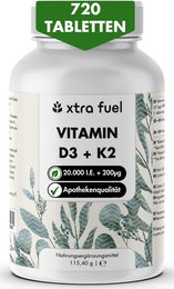 XTRA FUEL Vitamin D3 + K2 Tabletten hochdosiert mit 20.000 IE und 200 mcg MK-7 240 Stück – Bild 1 von 3
