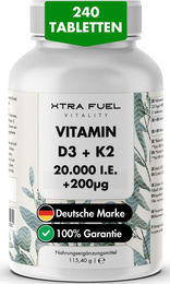 XTRA FUEL Vitamin D3 + K2 Tabletten mit 20.000 I.E. und 200 mcg MK7 all-trans 240 Stück – Bild 1 von 3