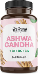 Yes Vegan Naturals Ashwagandha Kapseln 1200 mg mit Vitamin B1, B6 und B12 vegan ohne Zusatzstoffe 365 Kapseln – Bild 1 von 1