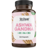 Produktbild von Yes Vegan Naturals Ashwagandha Kapseln 1200 mg mit Vitamin B1, B6 und B12 vegan ohne Zusatzstoffe 365 Kapseln