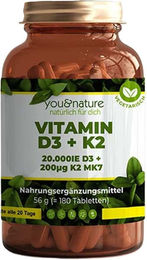 You&Nature Vitamin D3 + K2 MK7 20.000 IE 200 µg Tabletten vegetarisch ohne Zusatzstoffe 180 Stück – Bild 1 von 3
