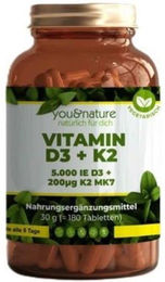 You&Nature Vitamin D3 + K2 MK7 5000 IE + 200 µg Tabletten 180 Stück vegetarisch laktosefrei glutenfrei – Bild 1 von 3