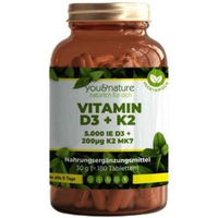 Produktbild von You&Nature Vitamin D3 + K2 MK7 5000 IE + 200 µg Tabletten 180 Stück vegetarisch laktosefrei glutenfrei